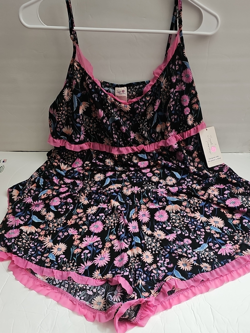Secret Treasure Floral Pink Trim Black Cami Set Multi